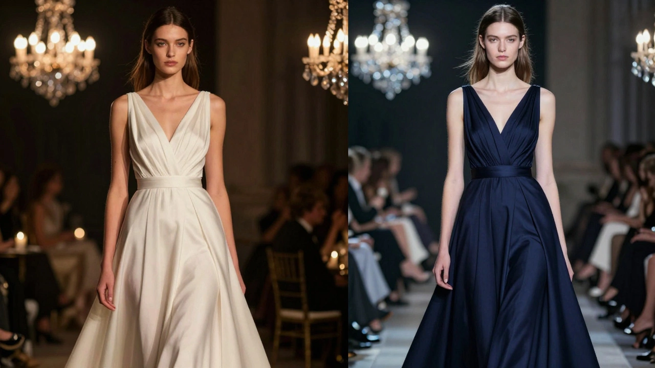 Models demonstrating how lighting affects evening dress colors