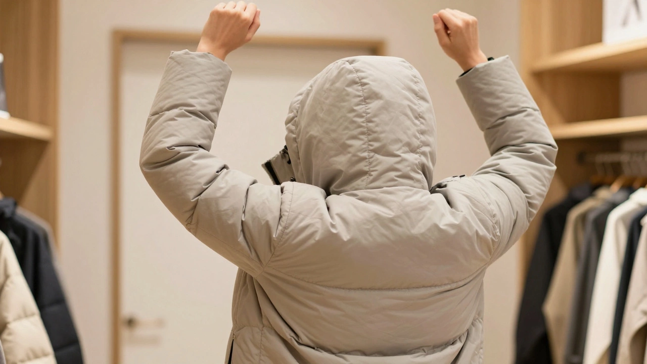 Person raising arms to test down jacket fit and mobility