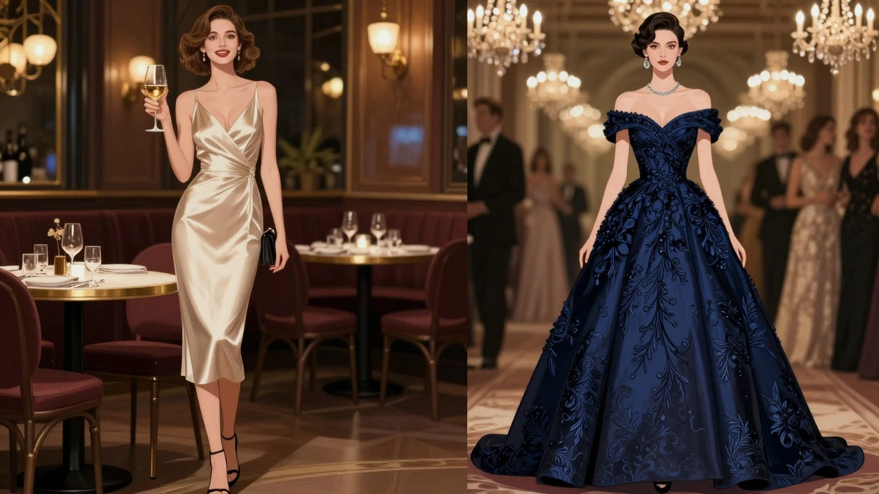 Split image showing cocktail attire at dinner vs evening gown at a gala
