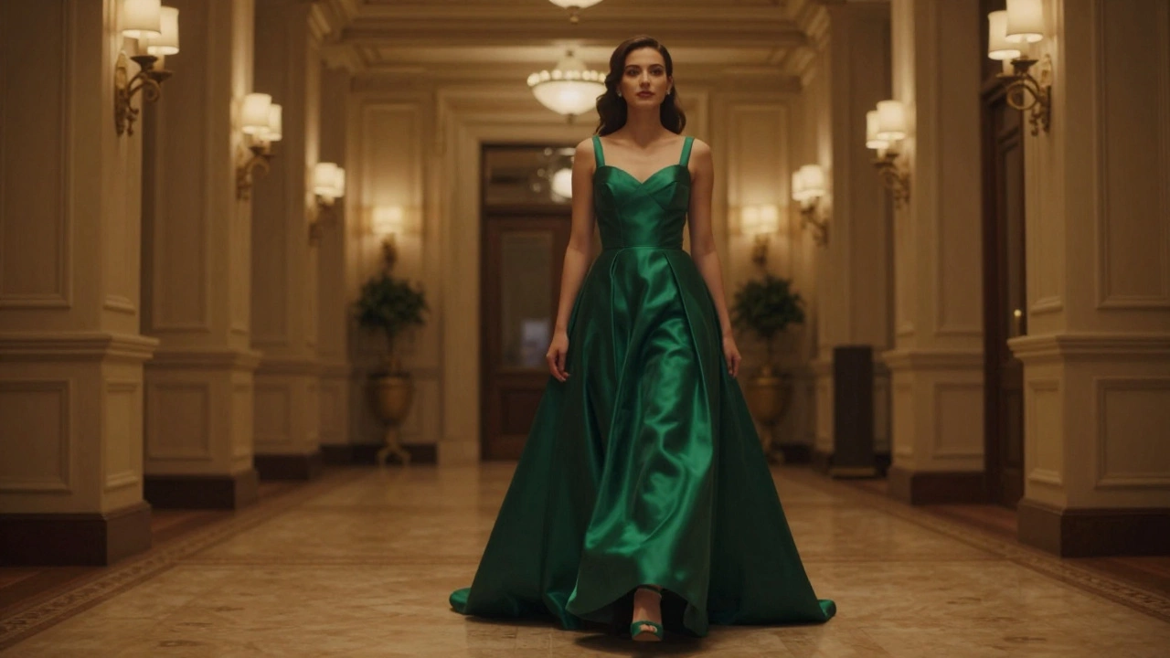 Woman in an emerald gown walking elegantly indoors