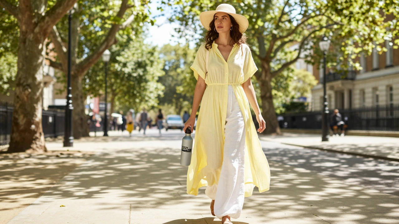 Woman in light linen clothes staying cool in sunny park