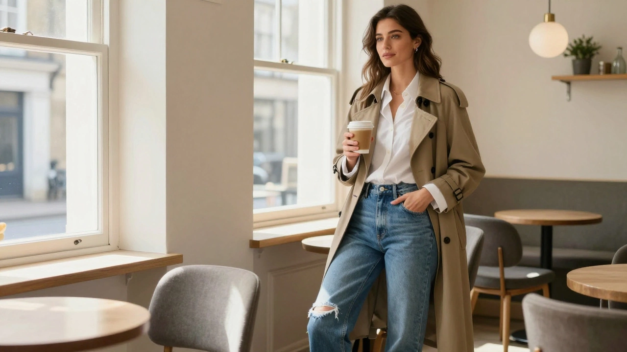 Woman styling subtle distressed straight-leg jeans with a blazer in a bright, modern urban setting.