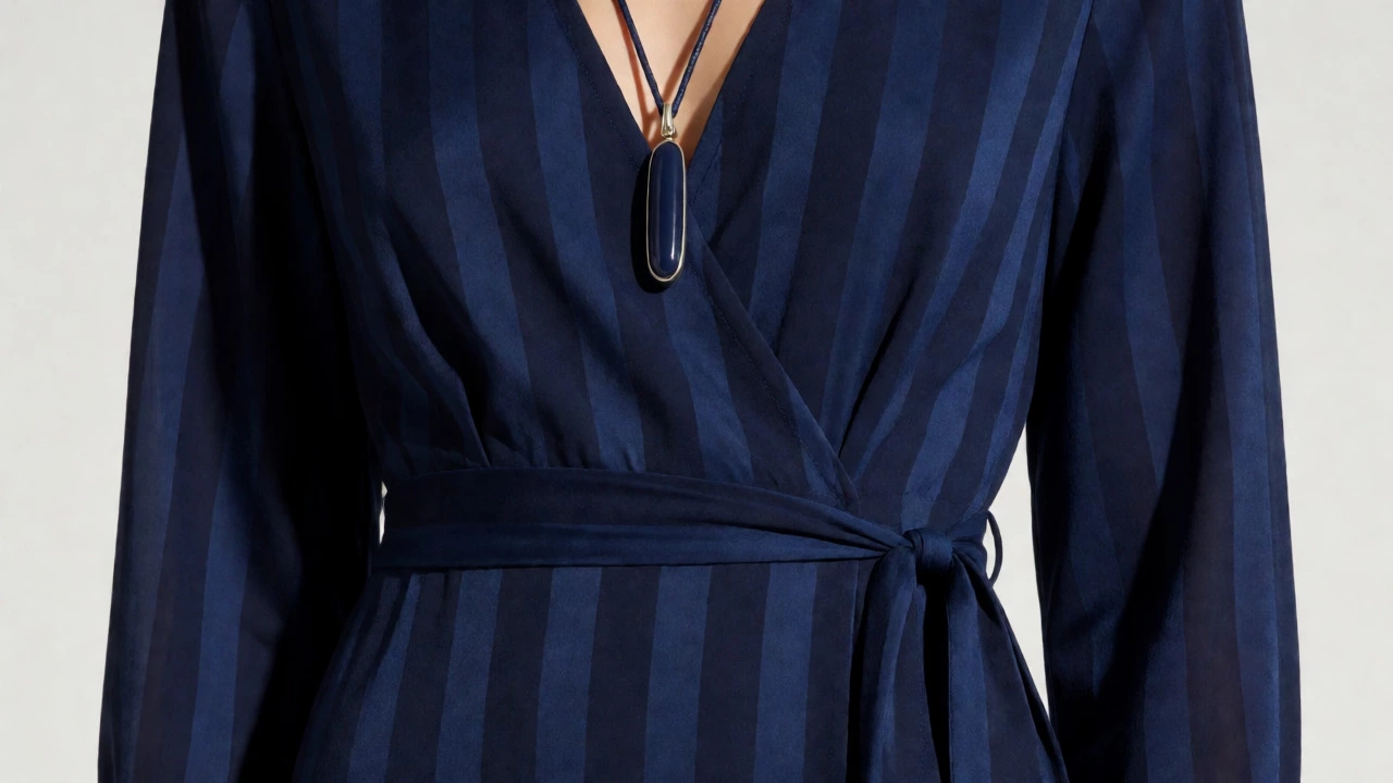 Close-up of a navy wrap dress with vertical stripes and long necklace