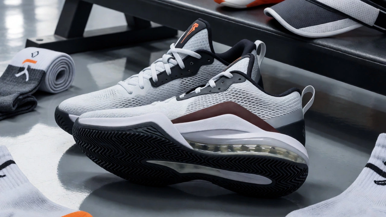 Close-up of basketball sneakers highlighting lateral support and cushioning technology.