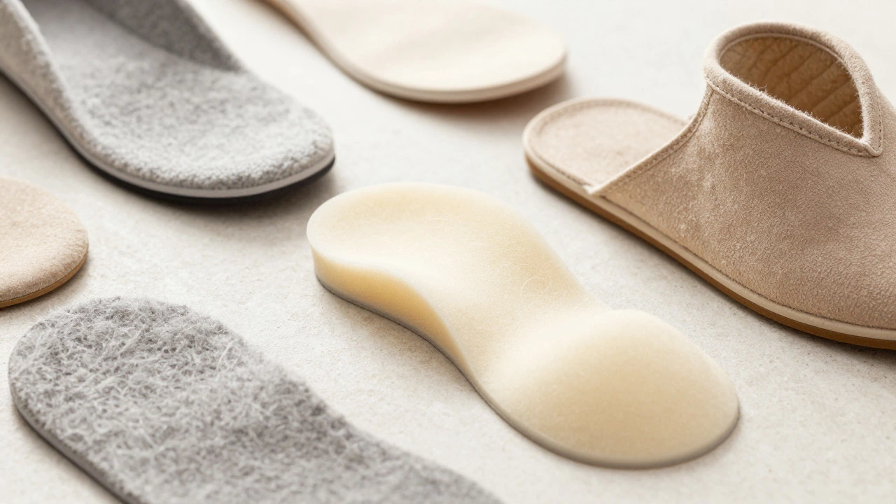 Close-up of merino wool, suede, and memory foam slipper materials