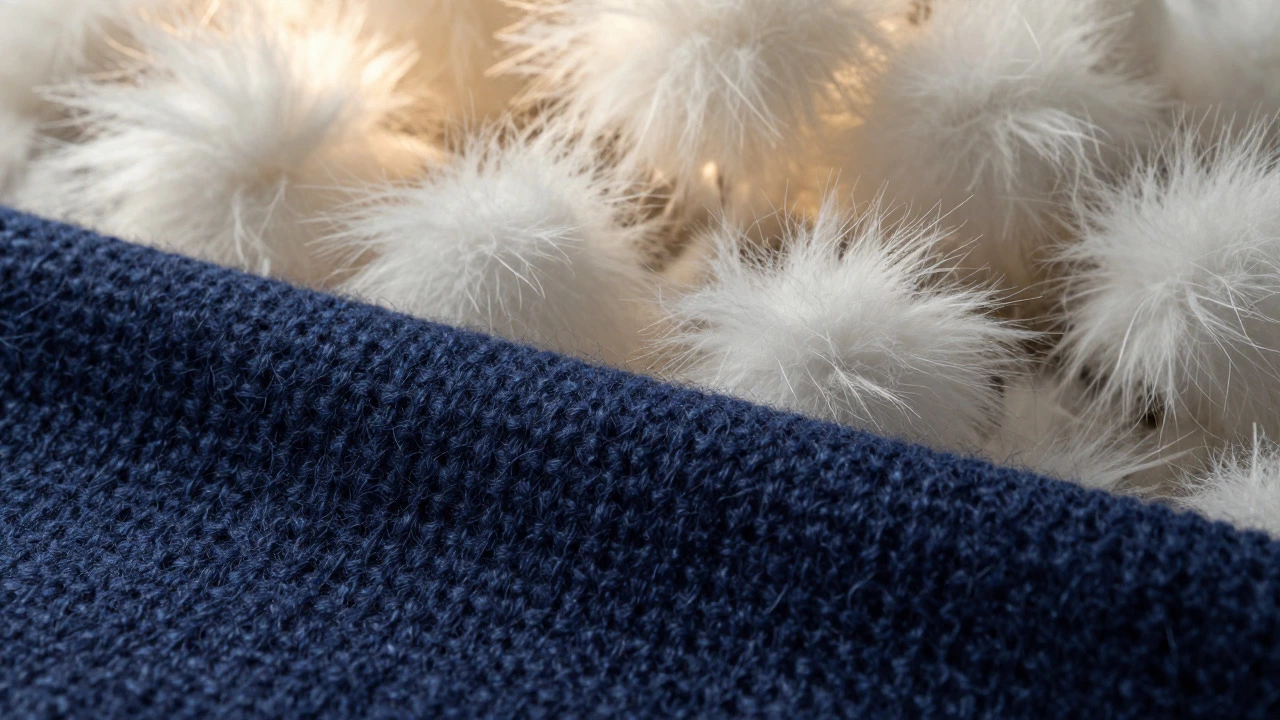 Close-up texture comparison of fluffy down insulation and dense wool fabric