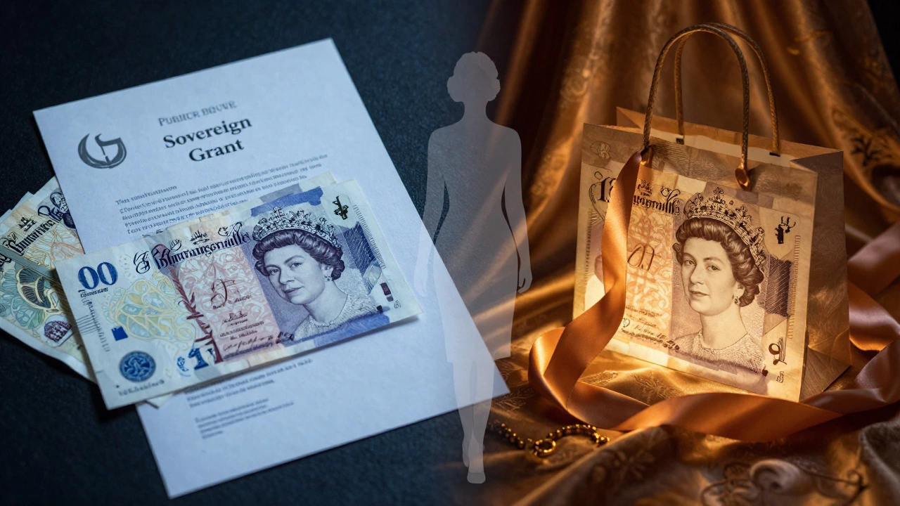 Conceptual split image contrasting public grants with private luxury goods