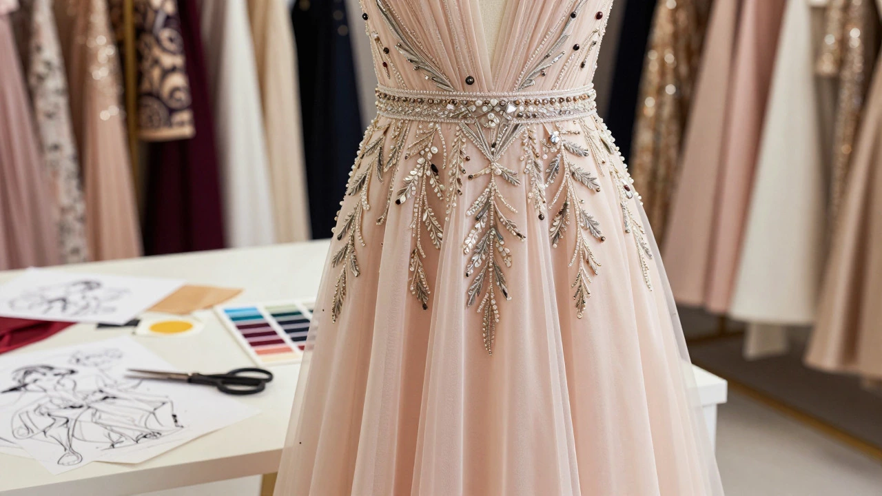 Detailed close-up of a bespoke beaded evening dress in a fashion atelier