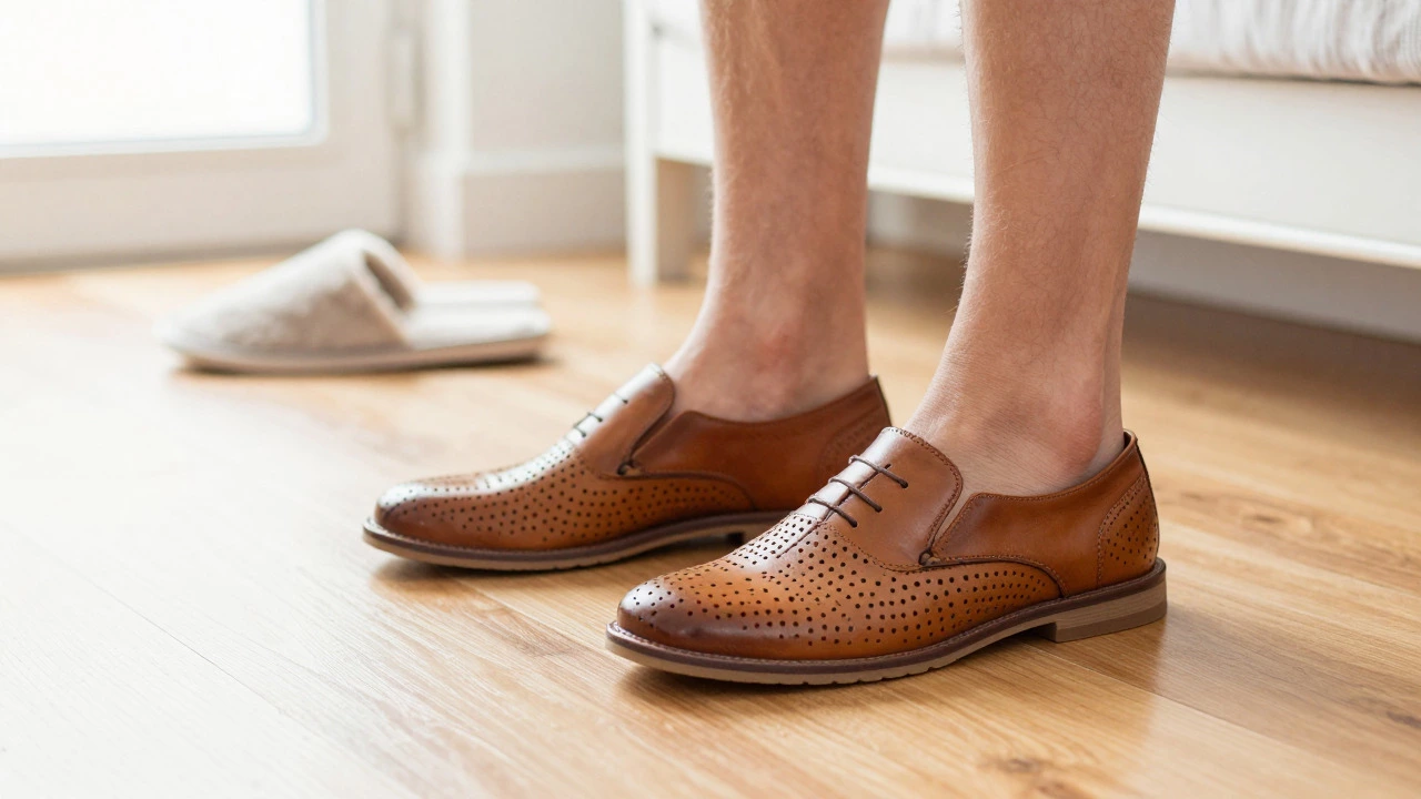 Feet in new leather slippers on a wooden floor with an old slipper nearby