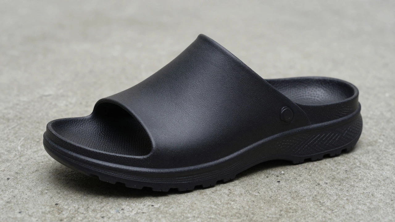 Firm-soled slipper with textured rubber base on concrete
