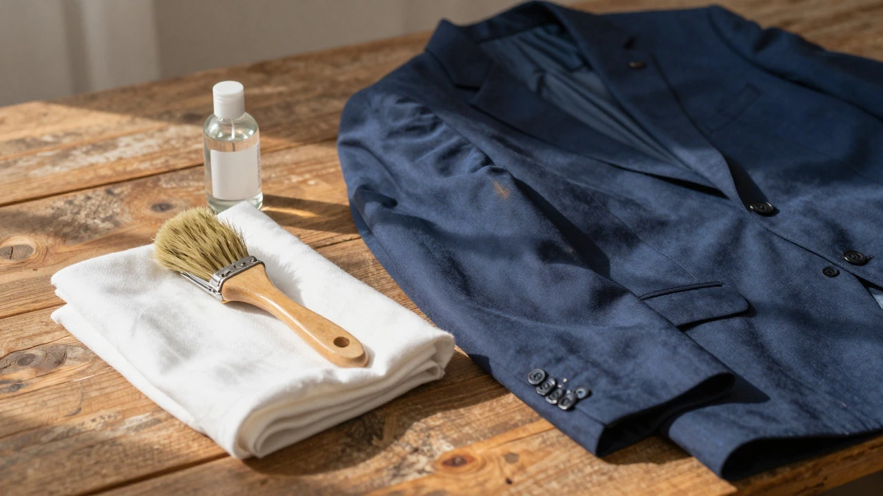 Horsehair brush and care products beside a worn navy suit on a wooden table