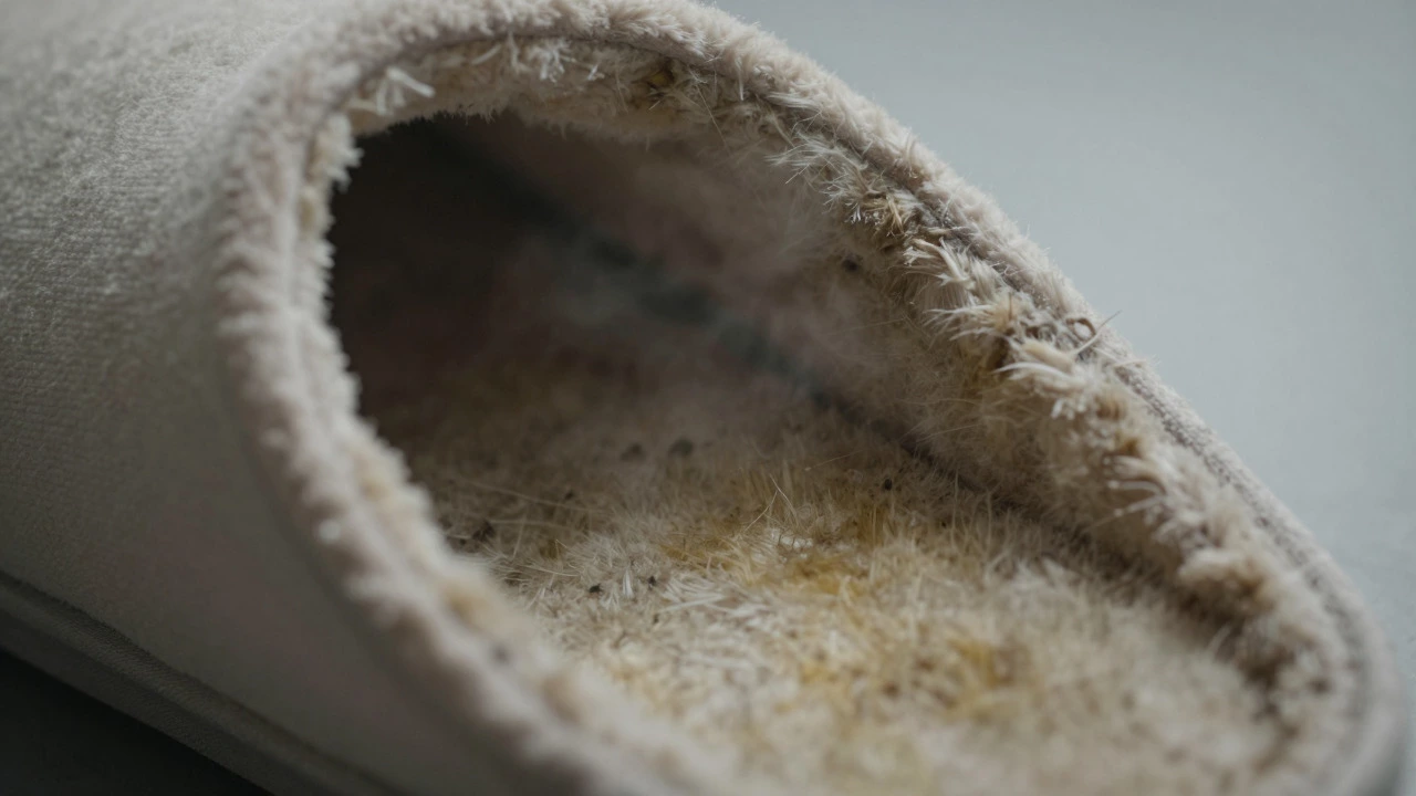 Macro view of a stained and dirty slipper interior showing hygiene issues