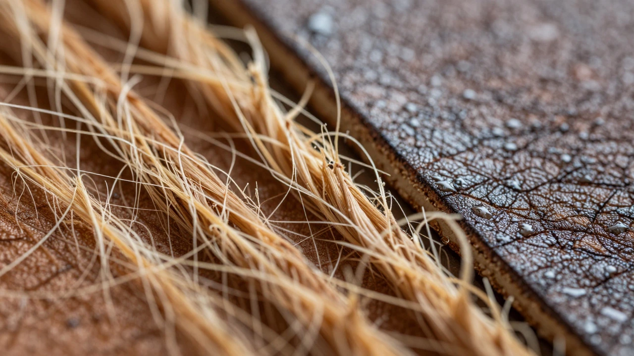 Macro view of leather fibers showing flexibility and moisture impact