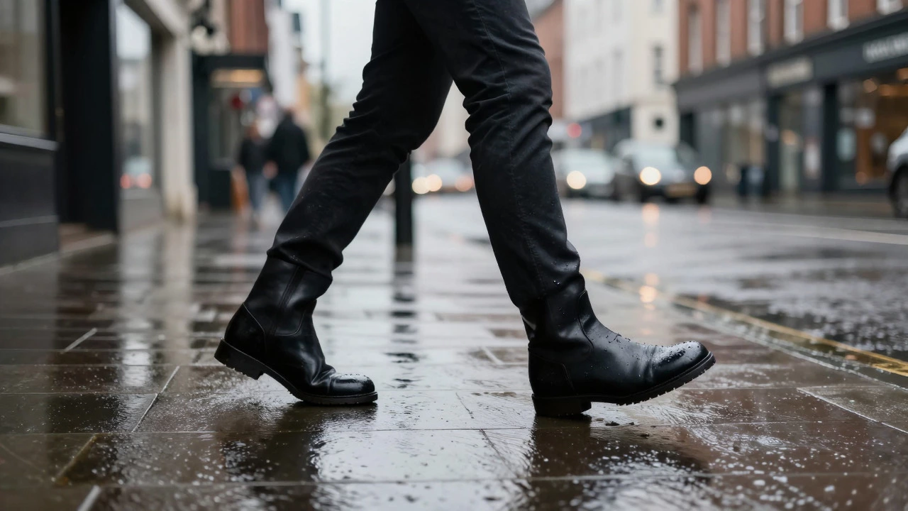 Man walking in rain-treated leather boots on a wet UK city street