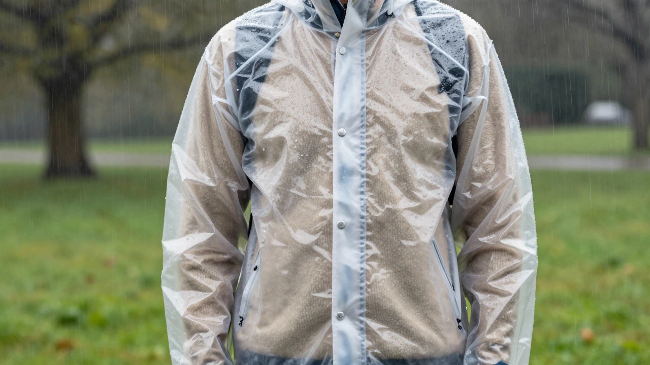 Person wearing layered waterproof gear in rainy outdoor setting