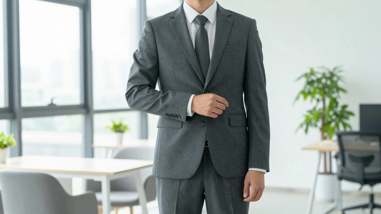 Professional man in a well-fitted charcoal gray suit in a bright office