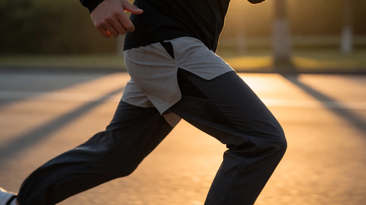 Runner wearing split-hem shorts and wind-resistant track pants during morning exercise.