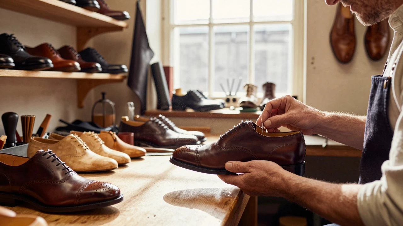 Shoemaker inspecting stitching on a leather brogue in a traditional workshop
