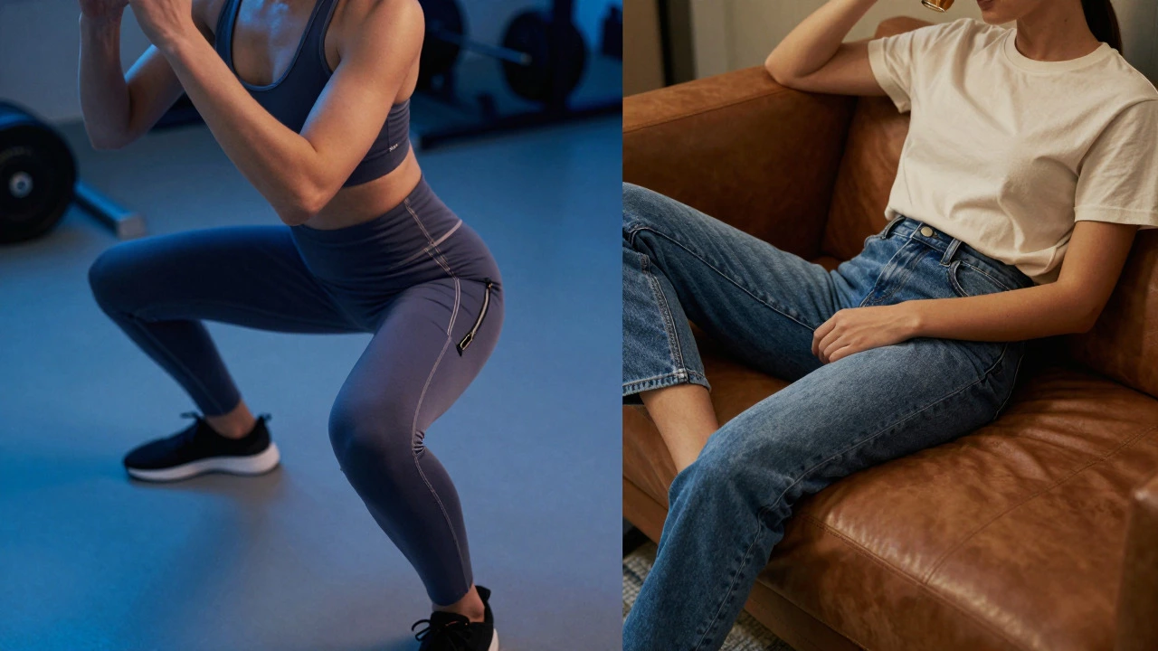 Split view of athlete in gym versus person relaxing in casual clothes