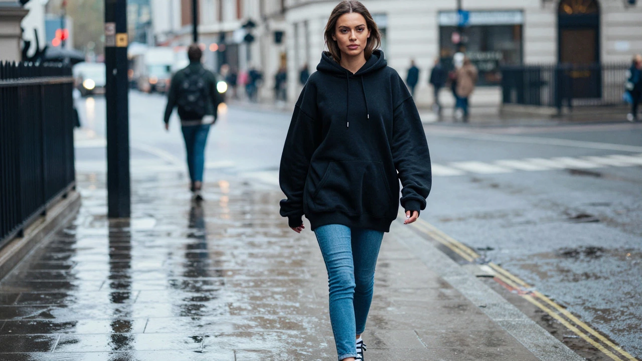 Woman wearing oversized boyfriend hoodie on London street