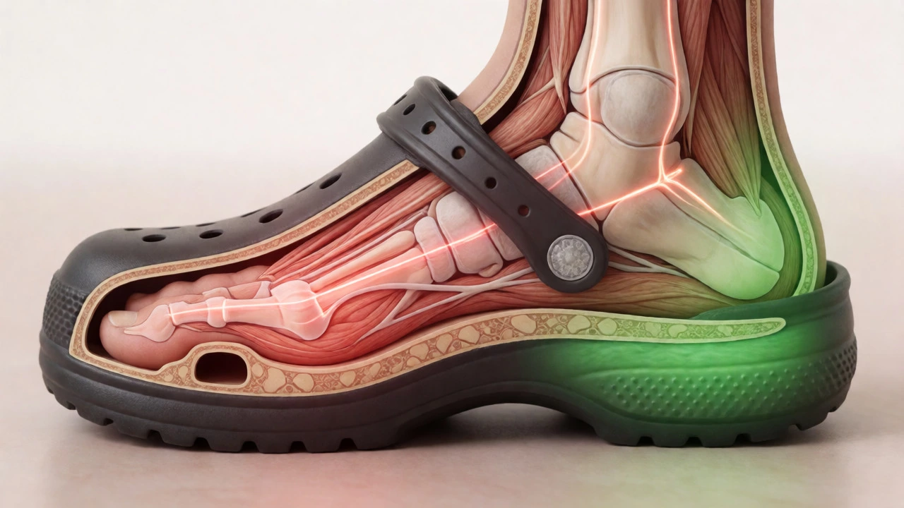 Anatomical illustration of a foot inside a clog showing arch strain