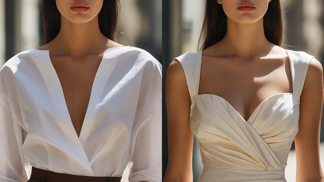 Close-up comparison of deep V, boat, and sweetheart necklines on summer tops.