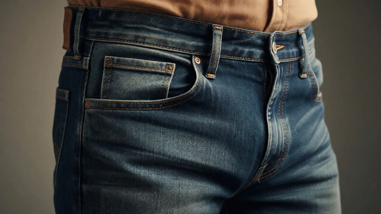 Close-up of mid-rise denim waistband showing ideal fit and high-quality fabric texture on a mature man.