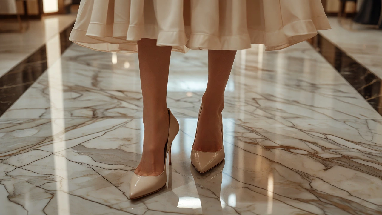 Close-up of midi dress hem with pointed heels