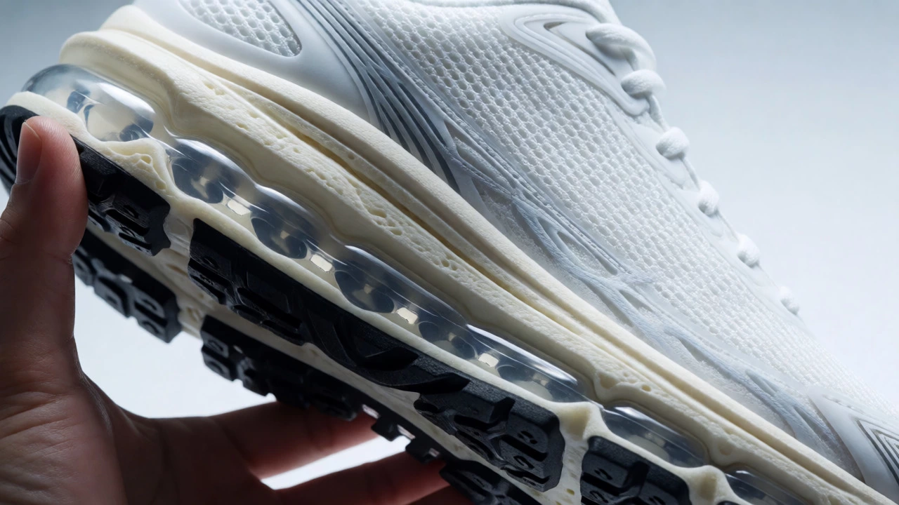 Close-up of sneaker sole and midsole technology details