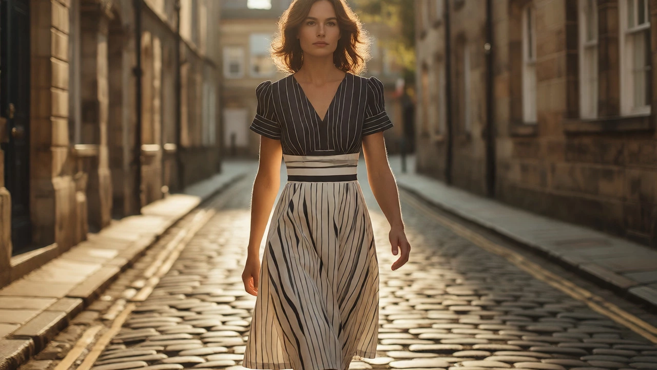 Confident woman in a fitted-waist striped dress walking through a sunny Bristol street.