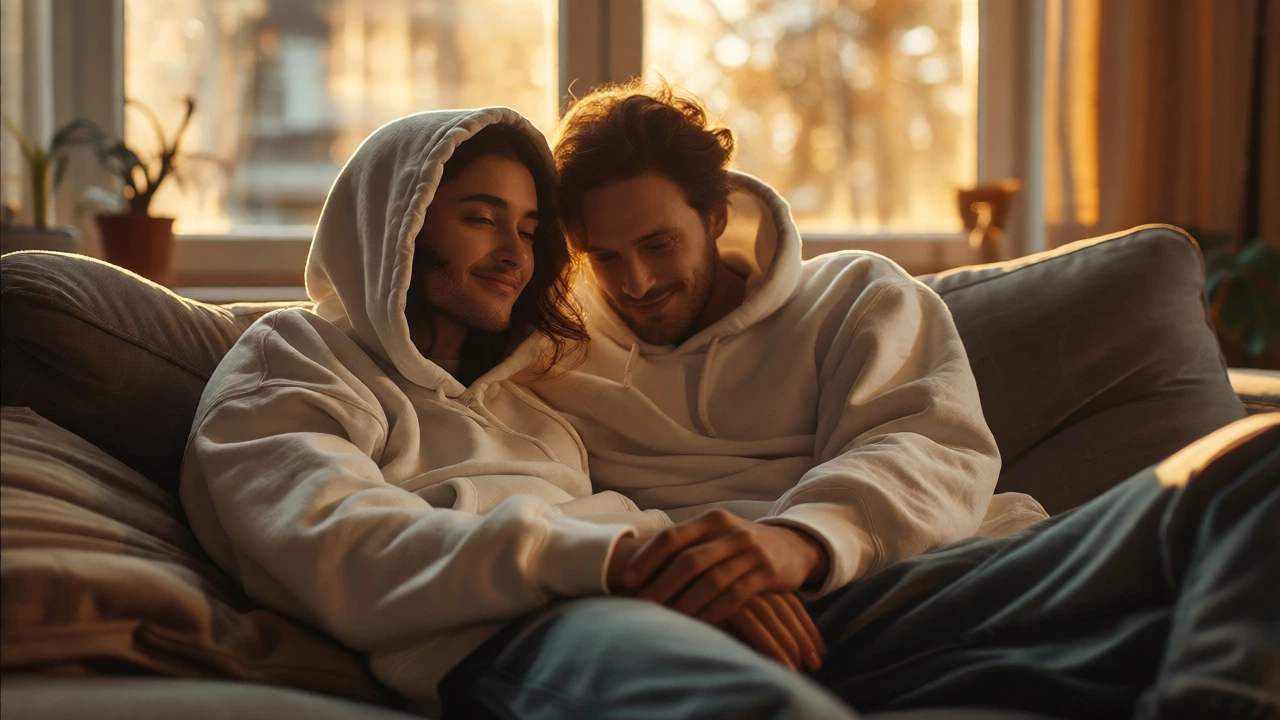 Couple cuddling together on a couch sharing one oversized hoodie in warm light.