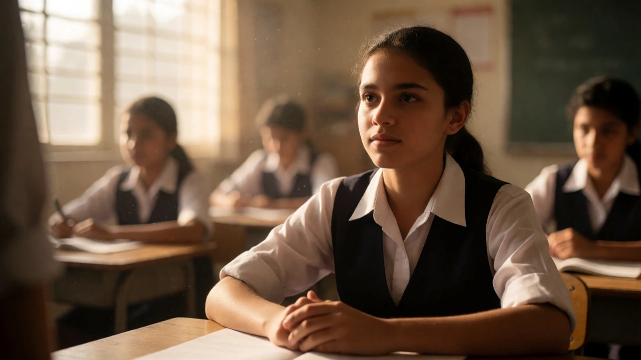 Focused student in school uniform listening in class, illustrating enclothed cognition.