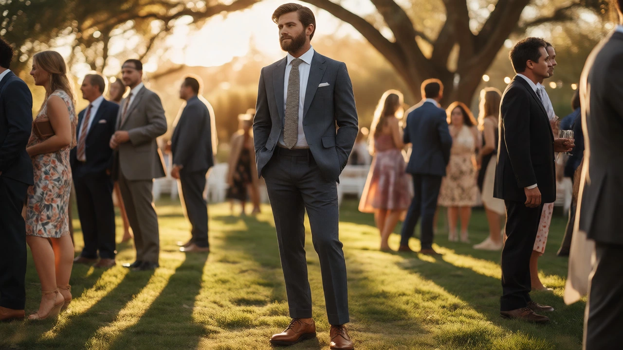 Guest in a charcoal suit at an outdoor wedding
