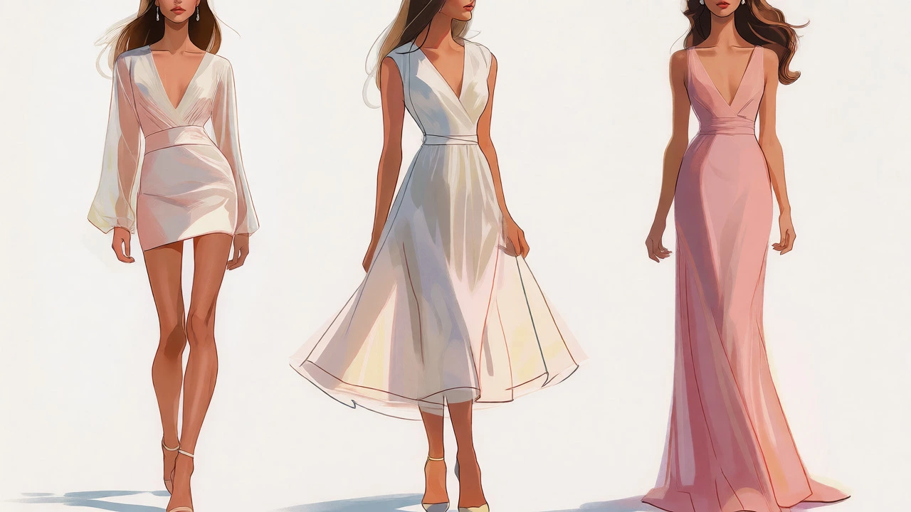 Illustration comparing mini, midi, and maxi dress lengths