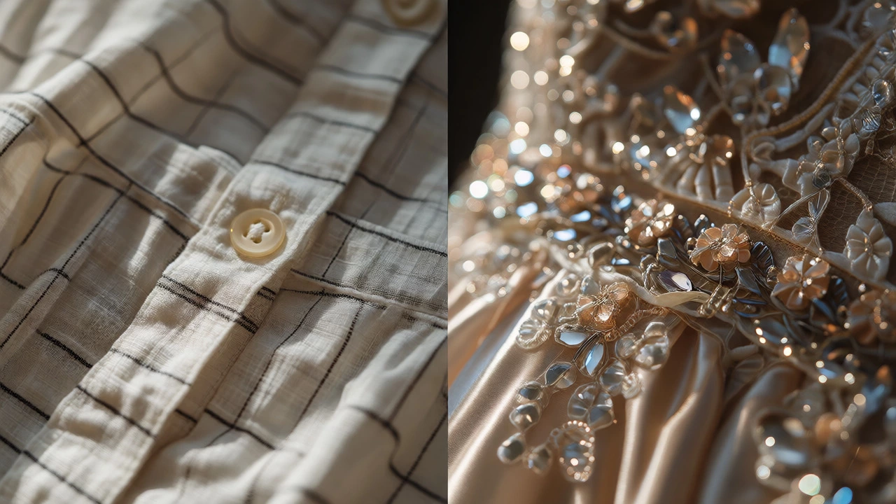 Macro comparison of plain linen fabric against an embellished, sparkling satin evening gown bodice.