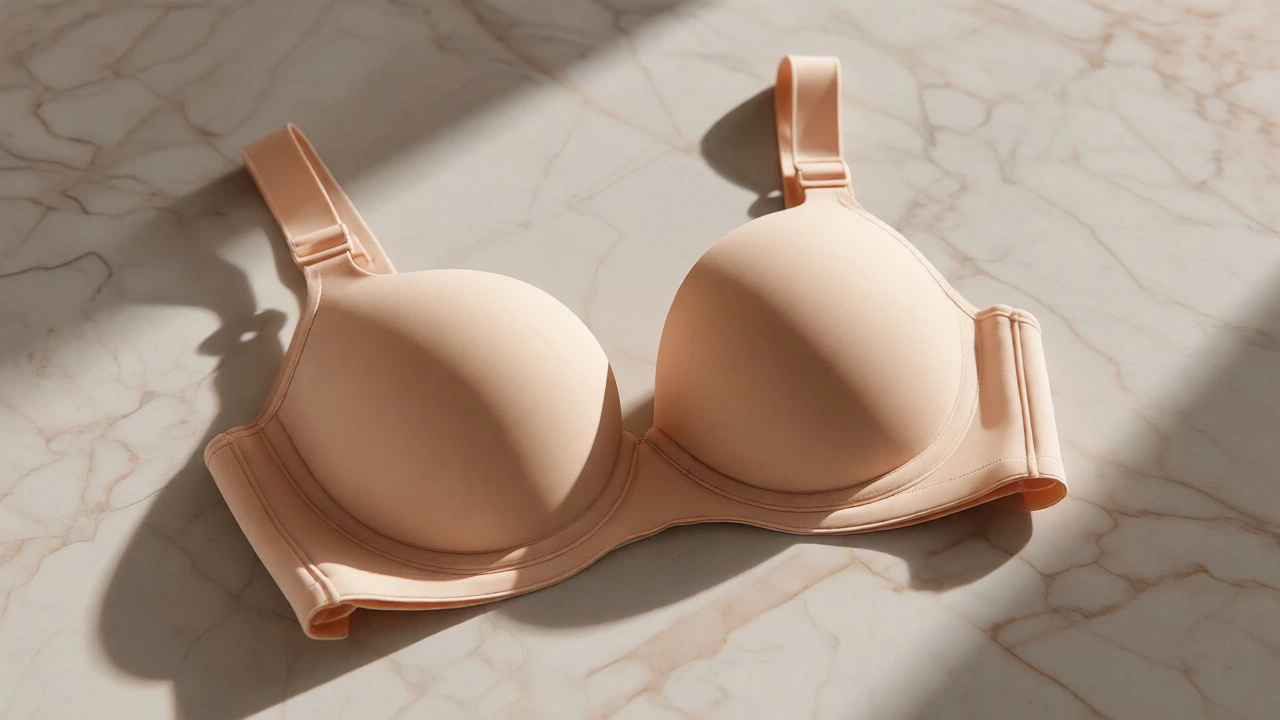 Nude seamless bra with molded cups on a marble surface