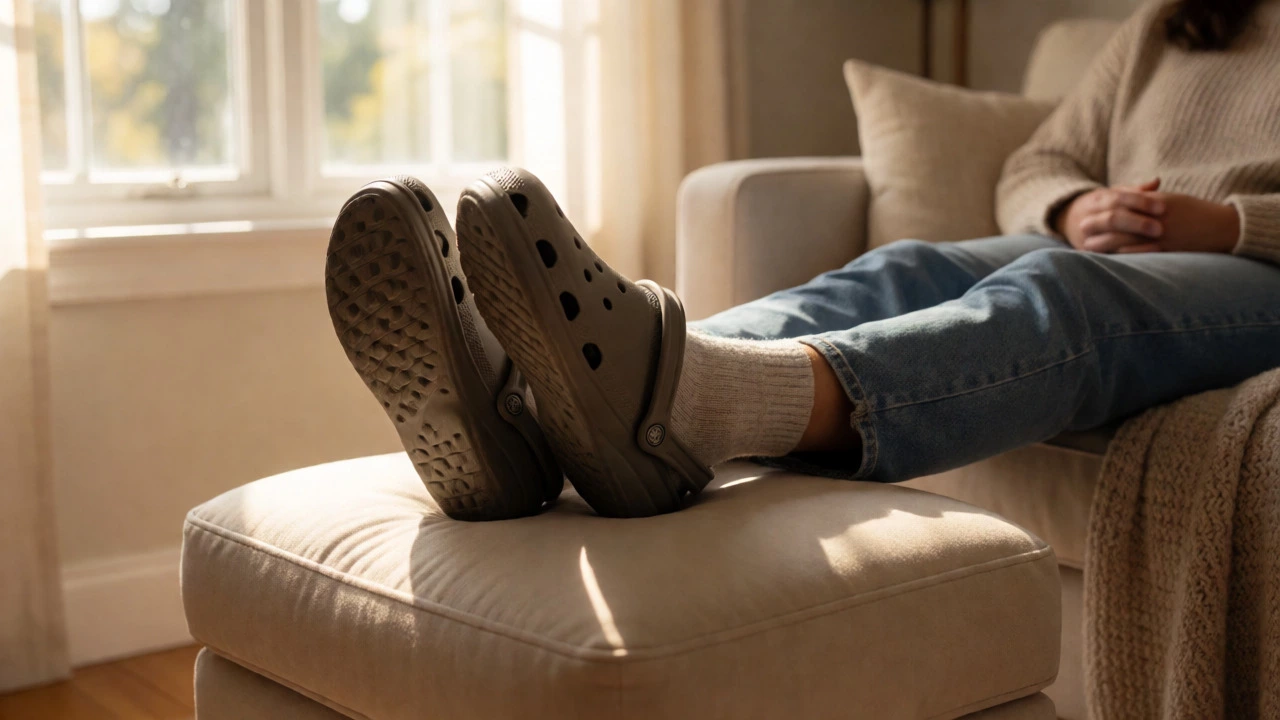 Person relaxing at home wearing Crocs with feet propped up