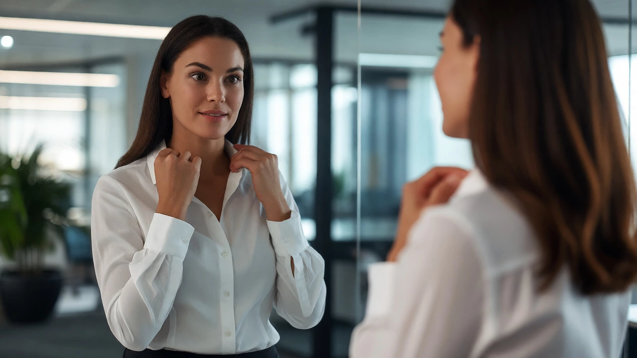 Professional woman in white blouse with no visible bra lines