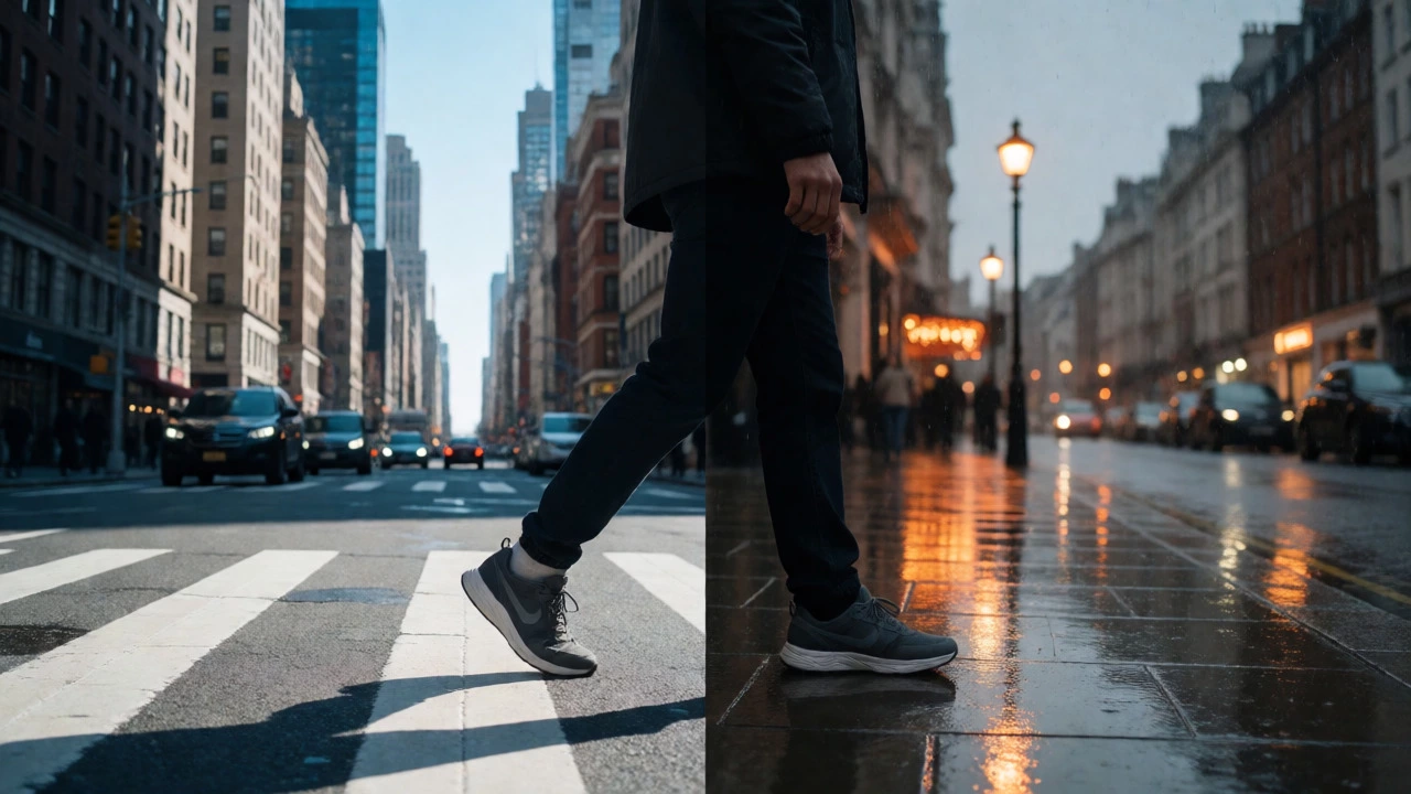 Split view comparing US sneaker culture and UK trainer weather