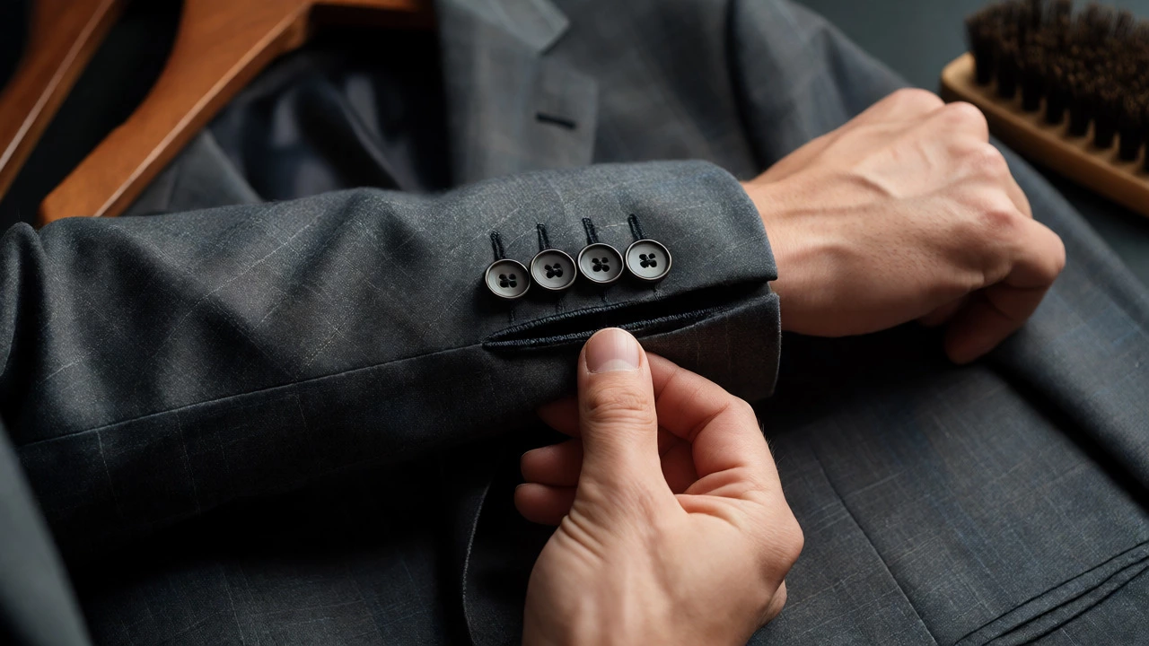 Tailor adjusting the cuff of a textured suit jacket