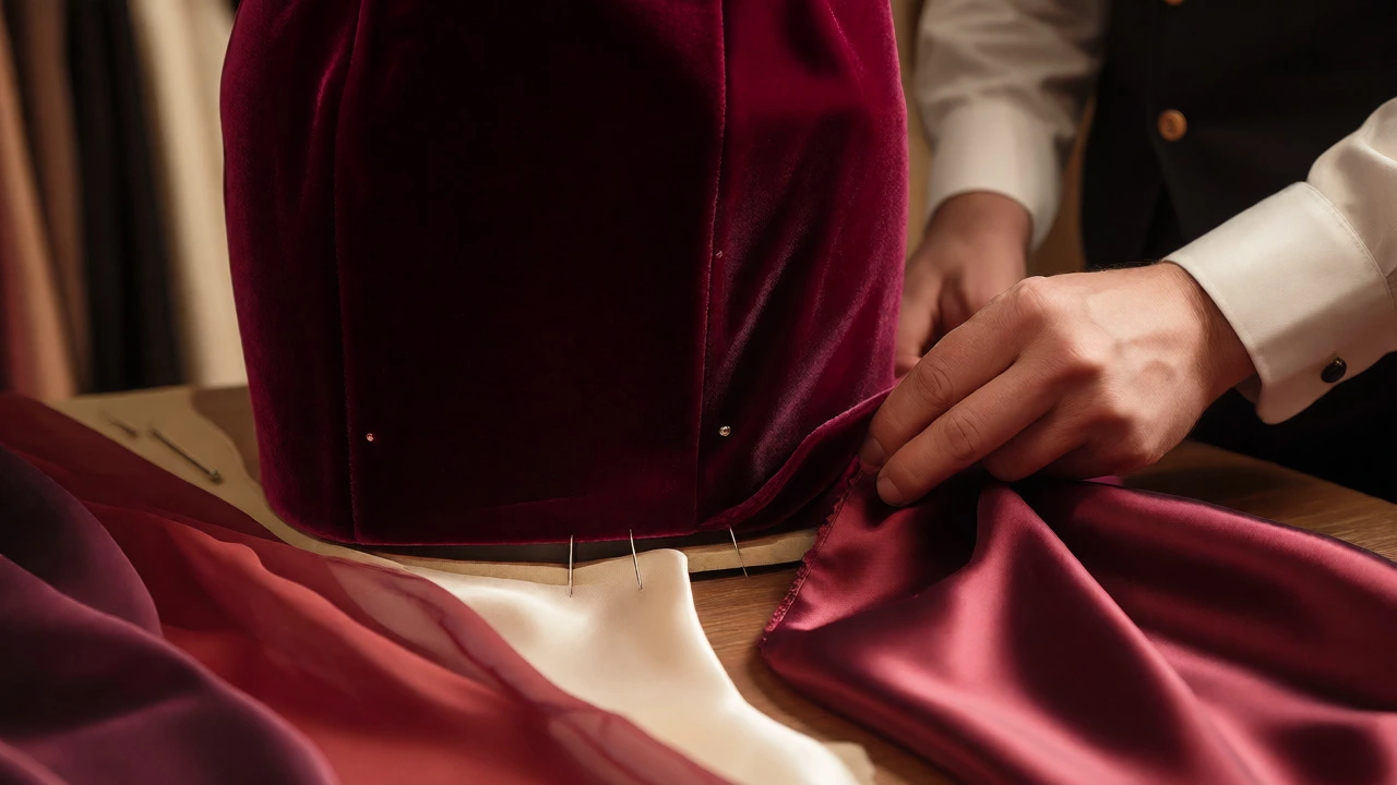 Tailor pinning a velvet dress hem next to fabric swatches on a workbench.