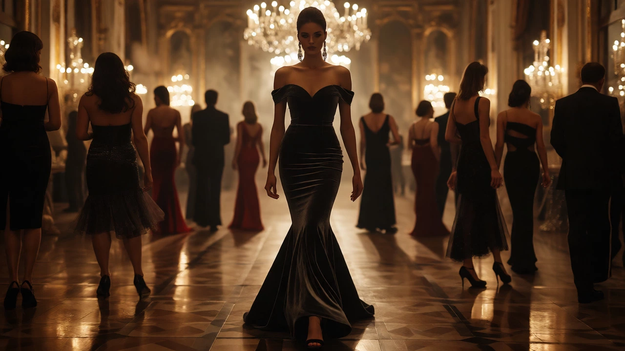 Woman in a floor-length velvet evening gown at a formal ballroom event with other guests in the background.