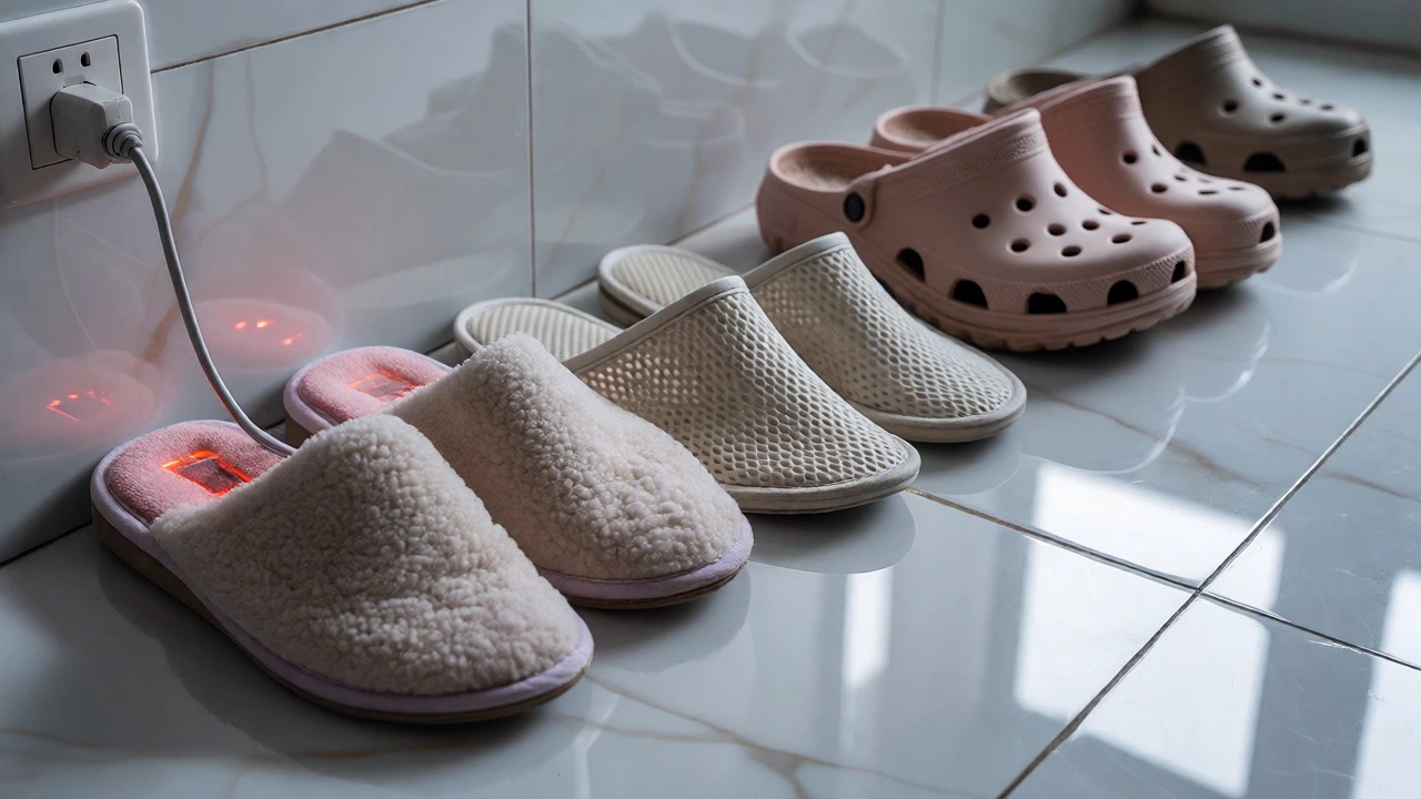 Assorted Chinese indoor slippers including heated and mesh styles on a tiled floor.