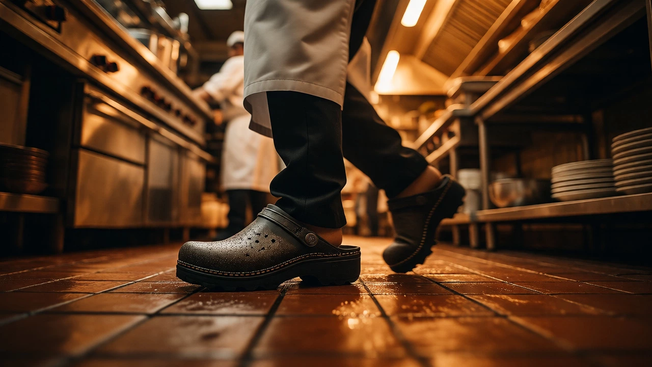 Chef wearing slip-resistant clogs in a busy kitchen