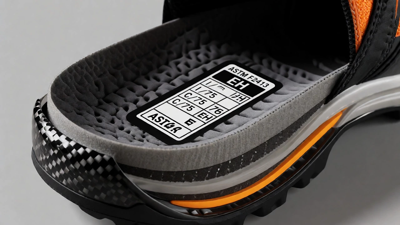 Close-up of a safety shoe tongue showing ASTM certification labels and material layers.