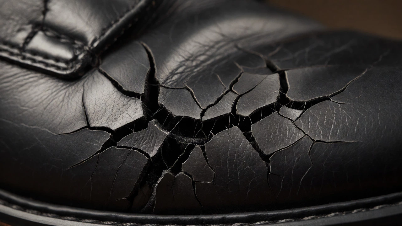 Close-up of cracked leather at the shoe's flex point