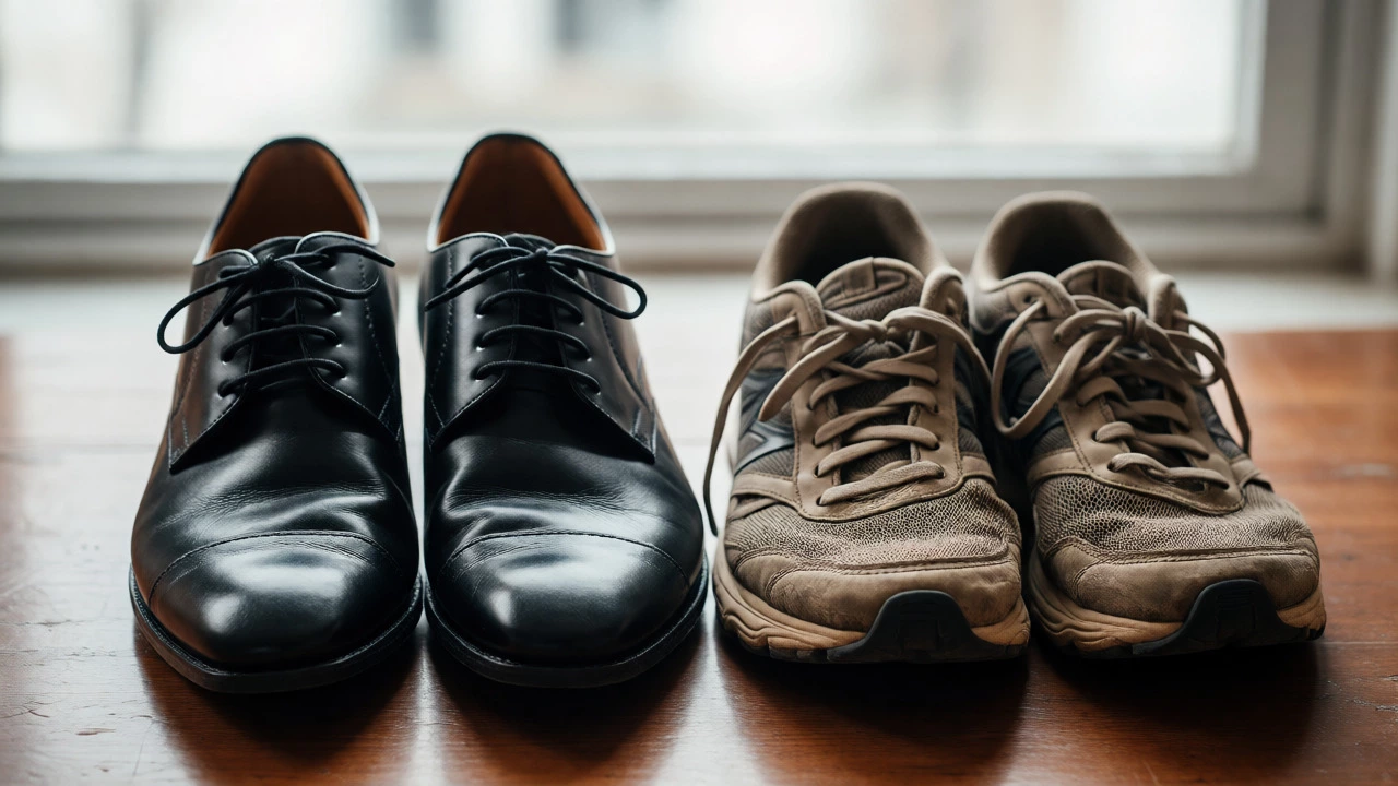 Comfortable dress shoes displayed alongside worn sneakers