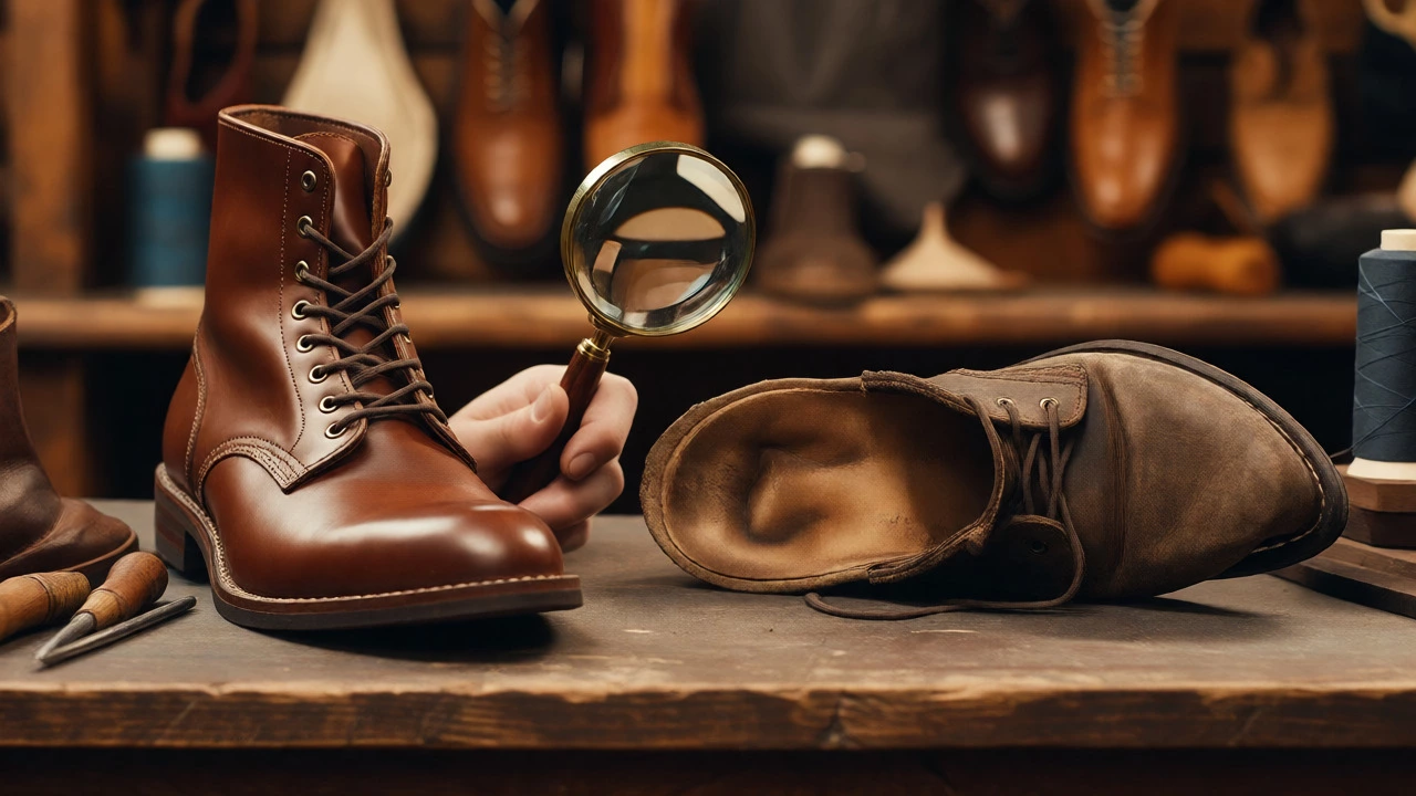 Comparison of new and worn boots on a cobbler's bench