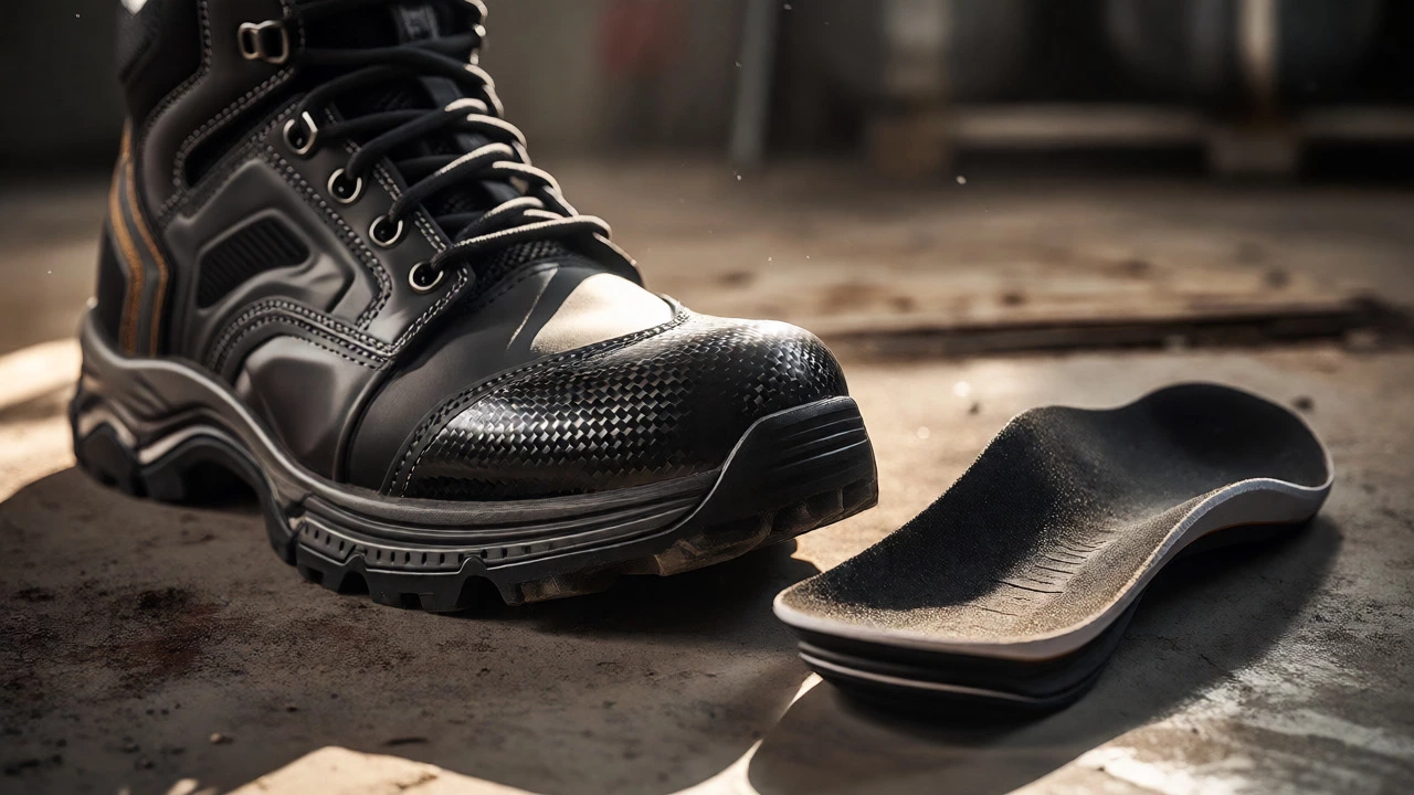 Composite-toe safety boot displayed alongside custom orthotic insoles.