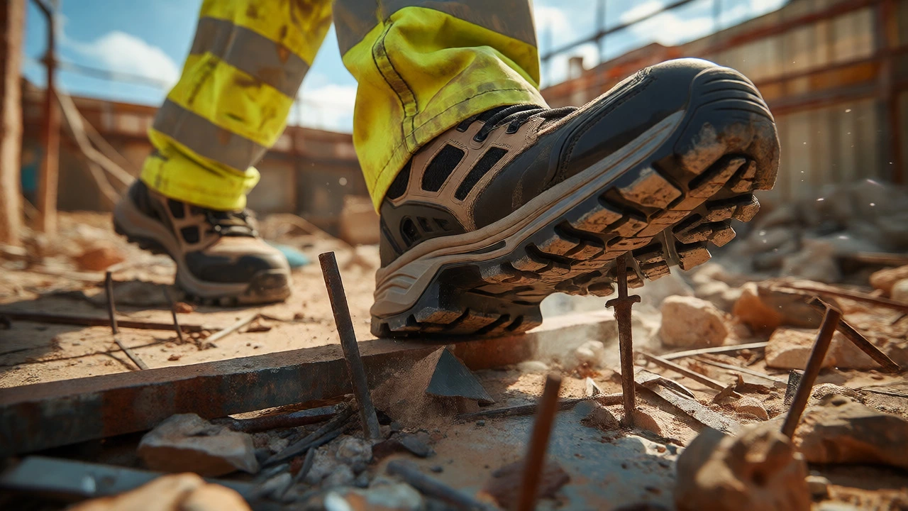Construction worker wearing safety shoes stepping over sharp debris on a job site.